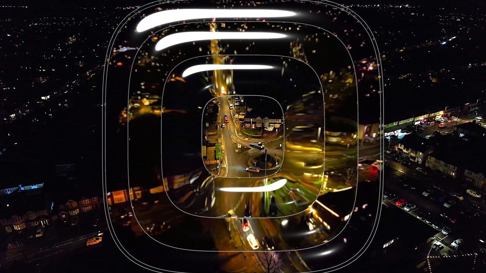 Concentric squircle rings over a city at night