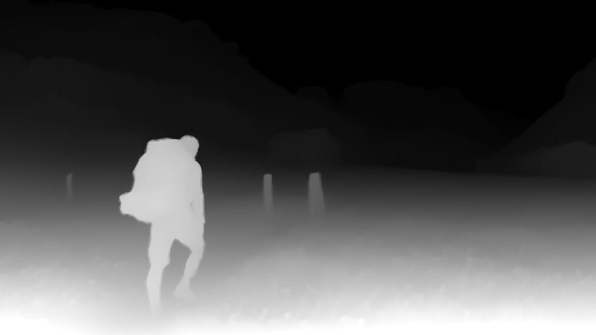 Depth map of a hiker in a field, the ground falling away to the treeline