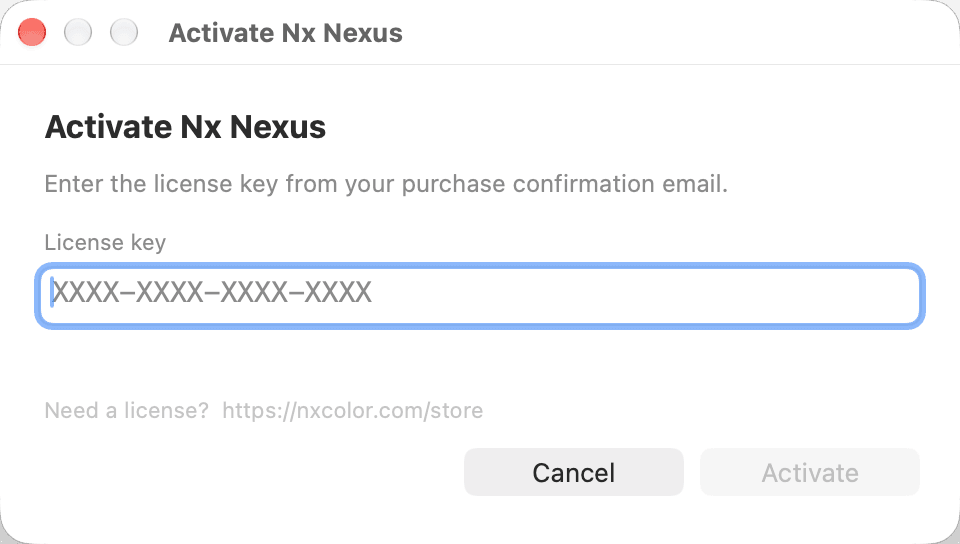The Activate dialog with a license key entered