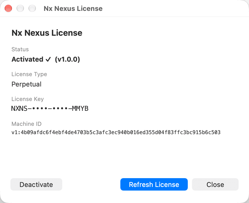 The License window showing Status Activated, license type, masked key and Machine ID
