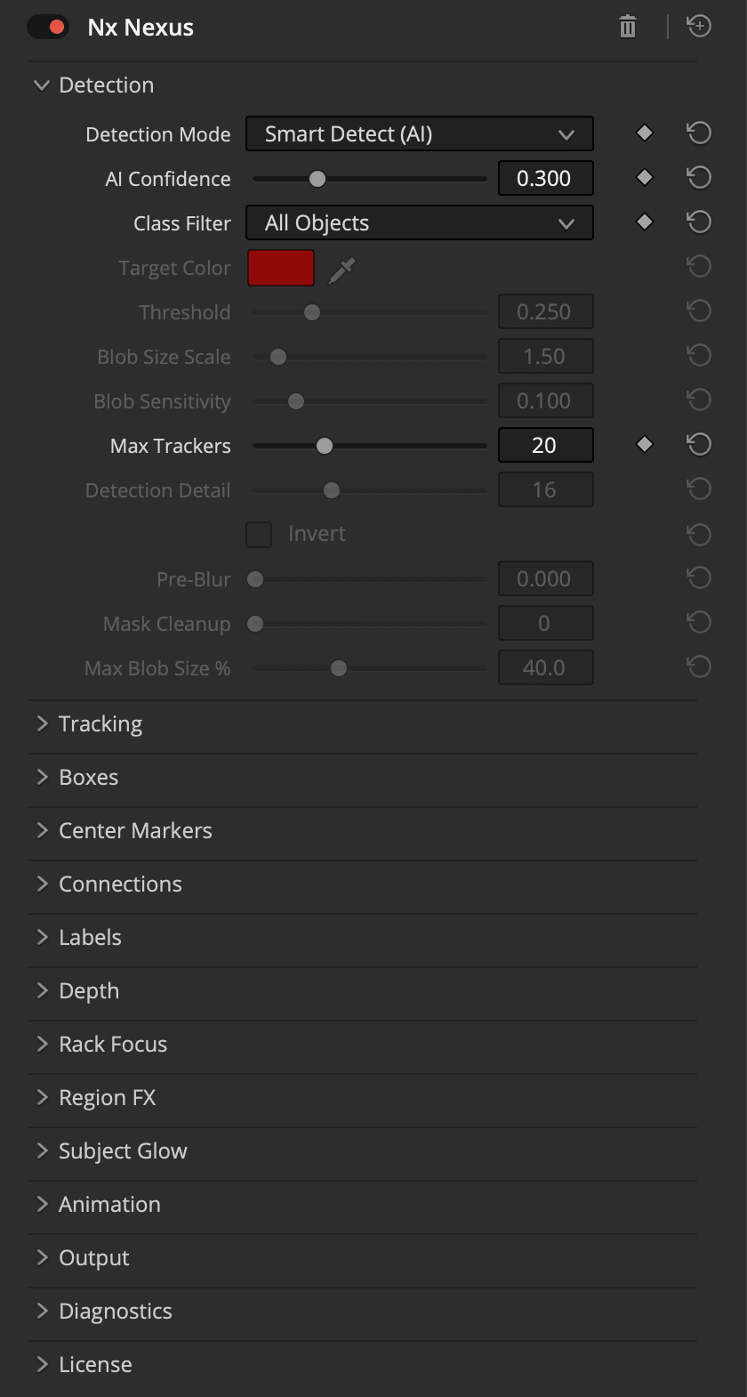The Nx Nexus panel in DaVinci Resolve with the Detection group open
