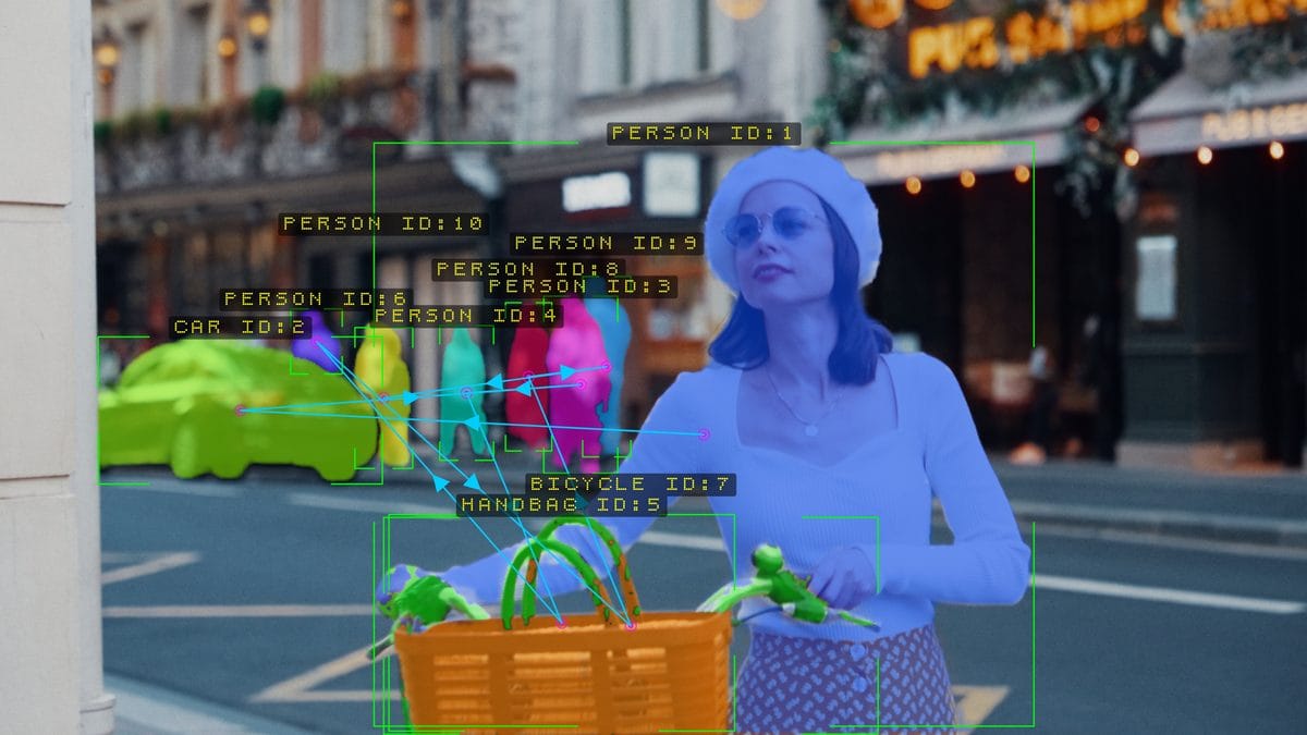 Visualize Segment Masks on a woman with a bicycle basket and the crowd behind her