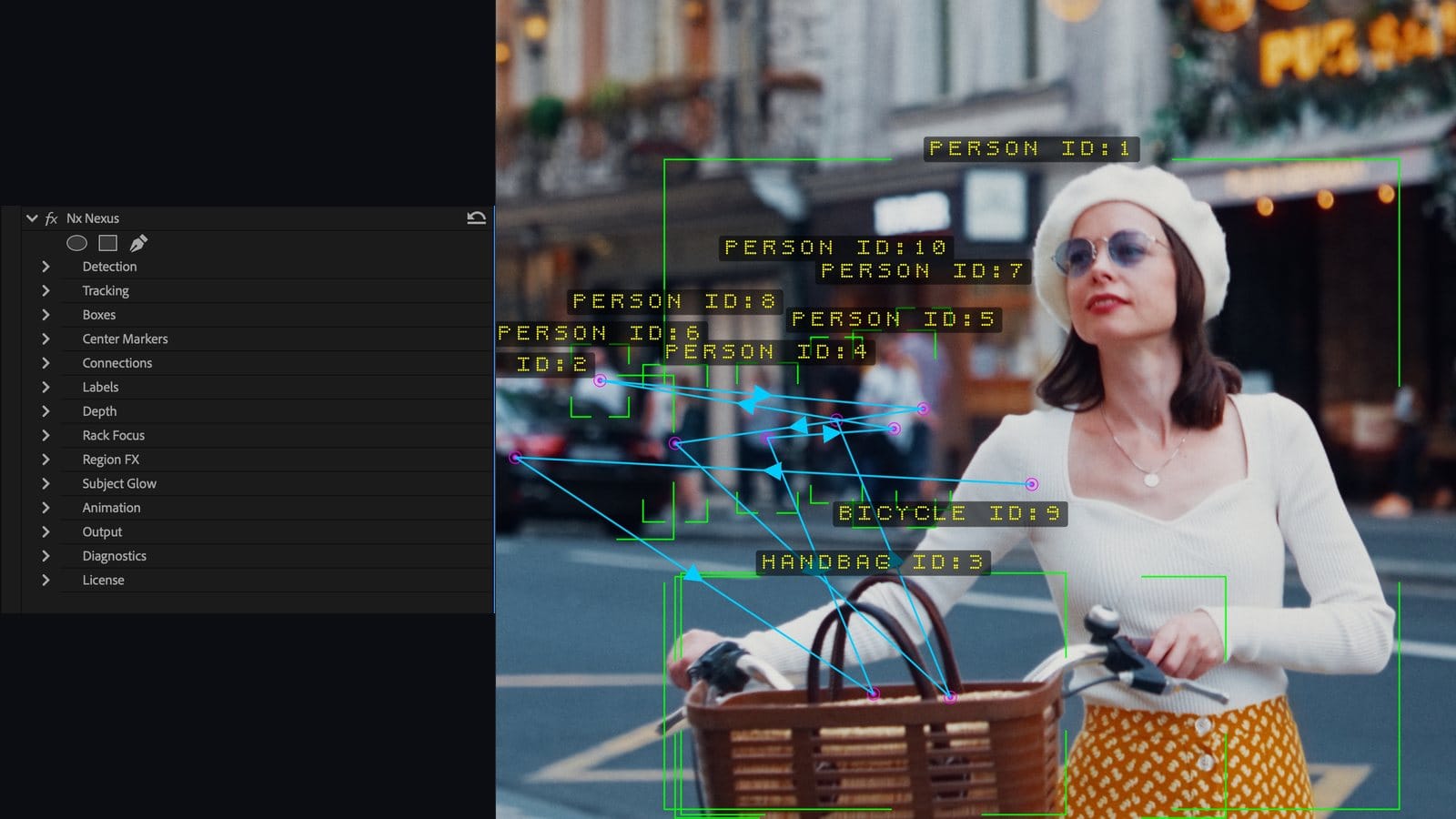 The Nx Nexus effect controls in Premiere Pro and After Effects beside tracked footage