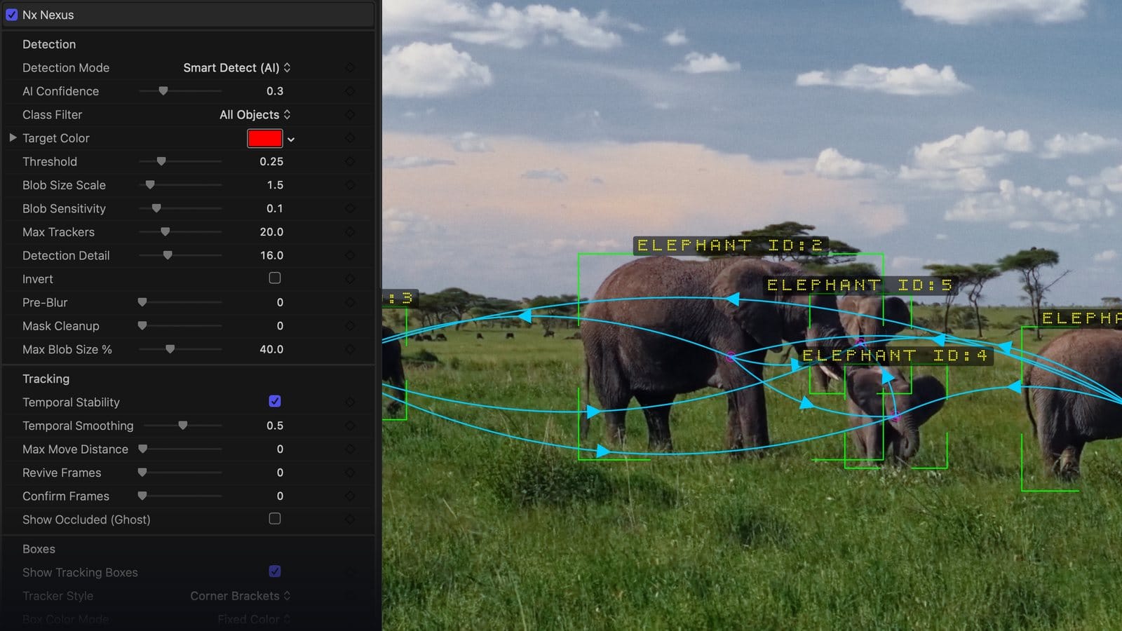 The Nx Nexus inspector in Final Cut Pro beside a tracked herd of elephants