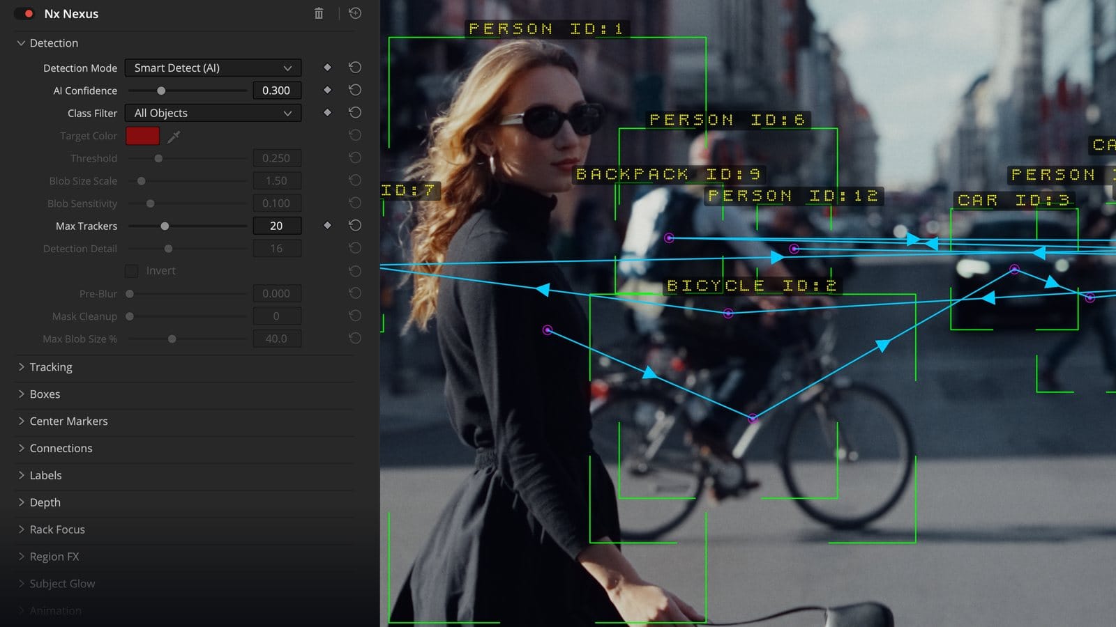 The Nx Nexus panel in DaVinci Resolve beside a tracked street scene