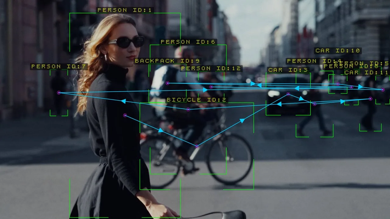 Twelve tracked subjects on a city street, each with its own box and label