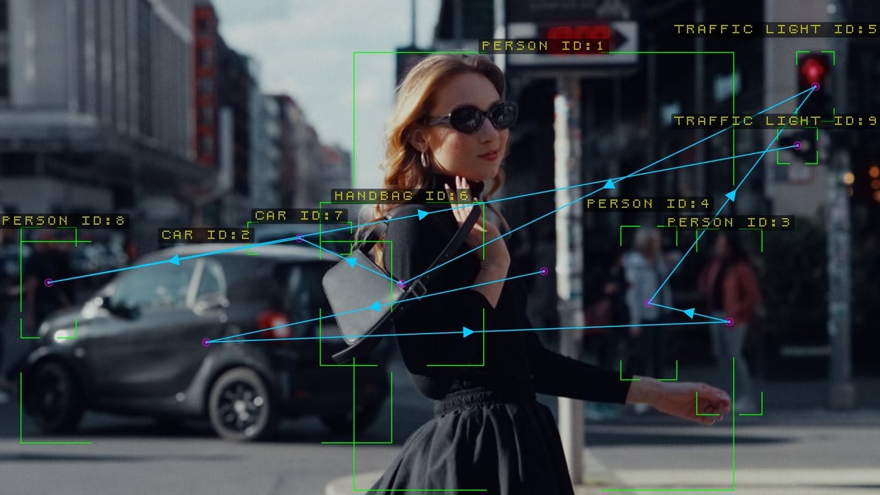Tracked pedestrians, cars, a handbag and two traffic lights