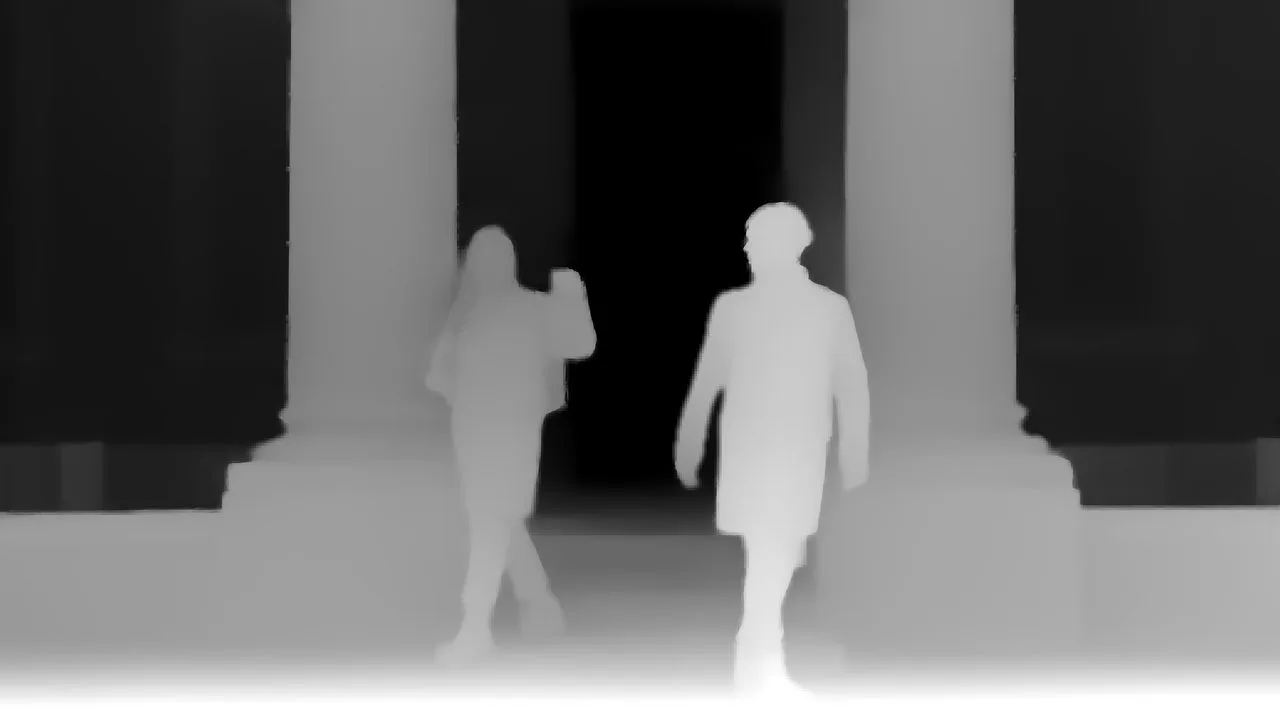 An estimated depth map of two figures in a colonnade