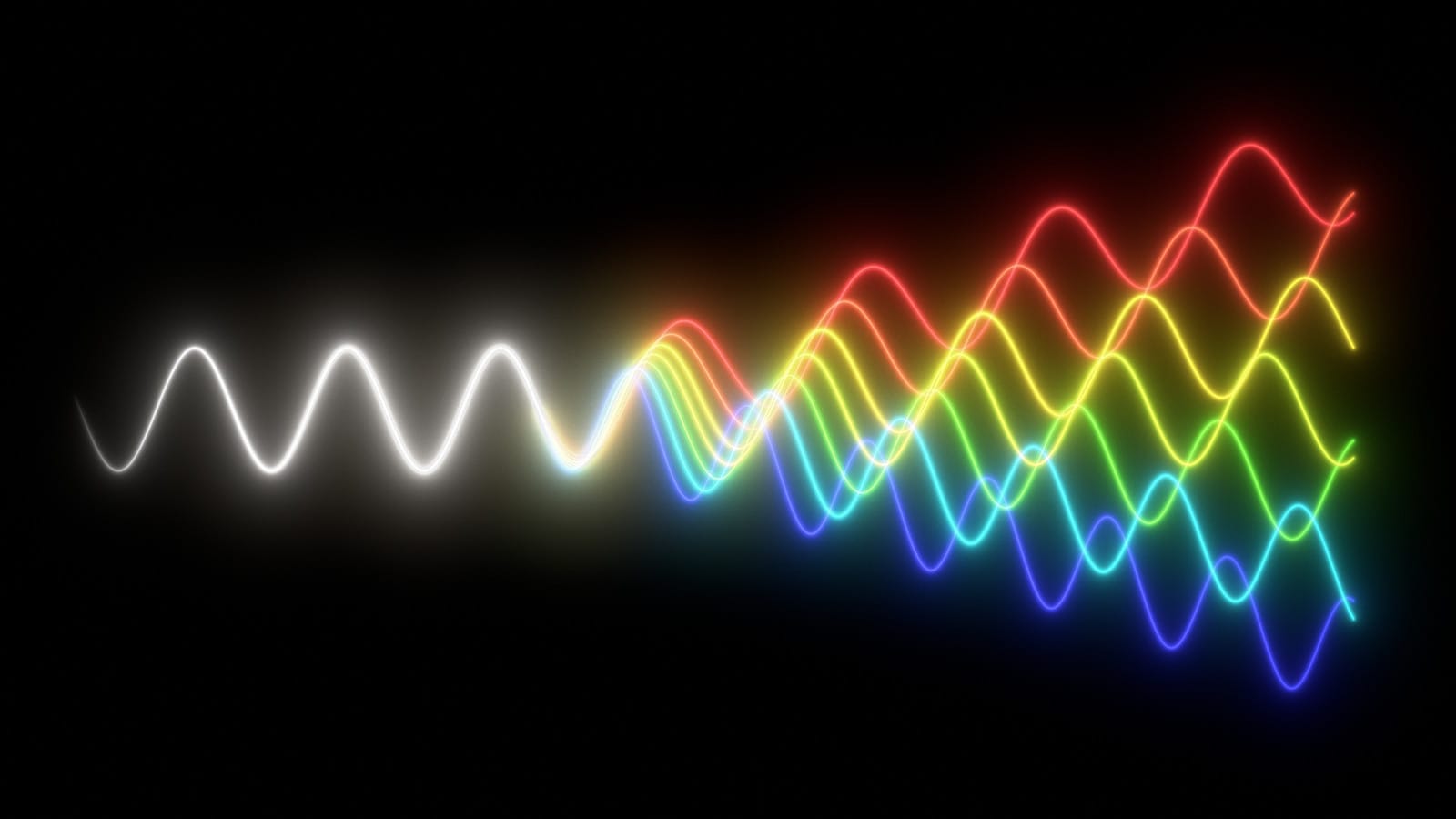 A white wave of light separating into coloured waves of different wavelengths